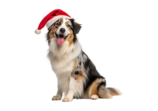 Isolated Australian Shepherd Dog wearing a Santa hat on a Transparent Background.