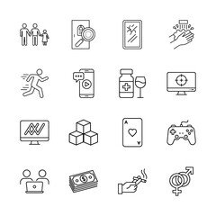 Fototapeta premium Human experience line icon set. Vector pictograms of family, security, broken screen, washing, running, mobile, medicine, analytics, gaming, money, and gender, thin linear illustration.