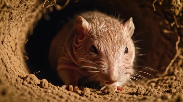 A naked mole rat emerges from a dirt hole its wrinkled skin and whiskers prominent