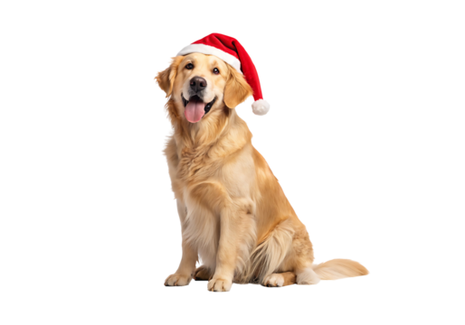 Isolated Golden Retriever Dog wearing a Santa hat on a Transparent Background.
