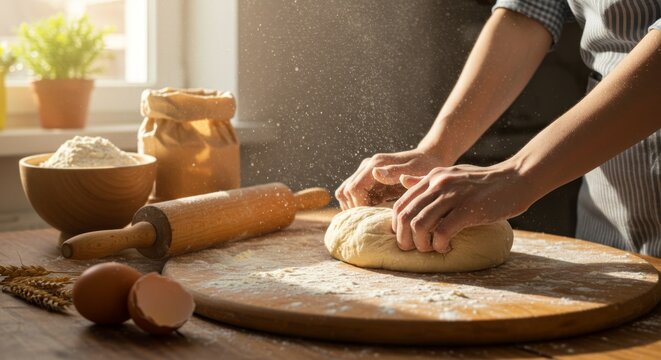 A woman kneading dough on a kitchen table. Homemade pastry preparation concept for baking bread or pizza at home workshop.