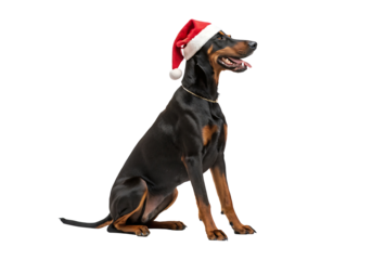 Isolated Dobermann Dog wearing a Santa hat on a Transparent Background.
