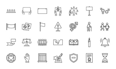 Human rights line icon set. Vector pictograms of candles, protest signs, crowd, gender symbols, scales, globe, shield, certificate, and hourglass, thin linear illustration.