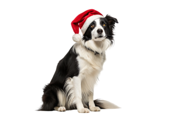 Isolated Border Collie Dog wearing a Santa hat on a Transparent Background.