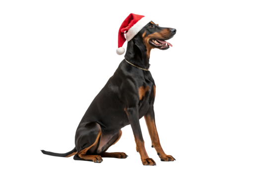 Isolated Dobermann Dog wearing a Santa hat on a Transparent Background.