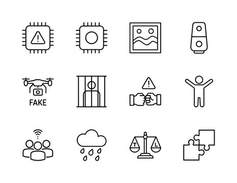 Digital and social concepts line icon set. Vector pictograms of warning chip, smart device, fake drone, imprisonment, conflict, community, justice scales, and puzzle, thin linear illustration.