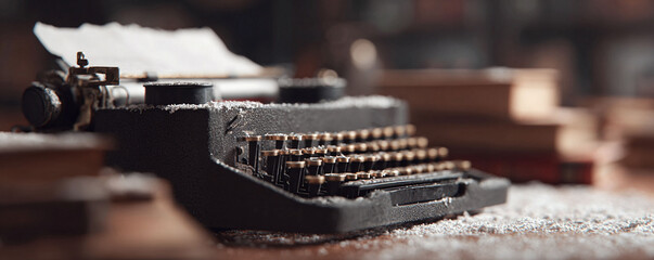Vintage typewriter with a stack of books, dusted with snow, suggesting creativity, storytelling, and a nostalgic look back to traditional writing. Ideal for creative writing or history.