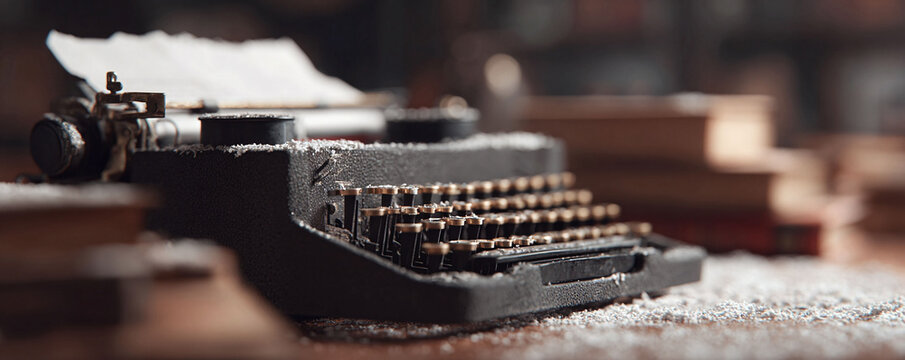 Vintage typewriter with a stack of books, dusted with snow, suggesting creativity, storytelling, and a nostalgic look back to traditional writing. Ideal for creative writing or history.