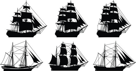 Vintage sailing ship silhouette set, antique wooden boat vector collection, historical sea vessel icons, nautical design elements.