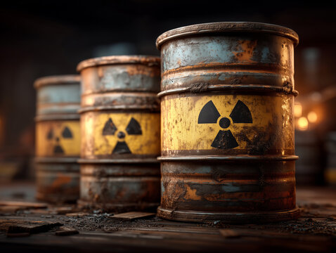 Close-up view of three weathered barrels with radioactive hazard symbols