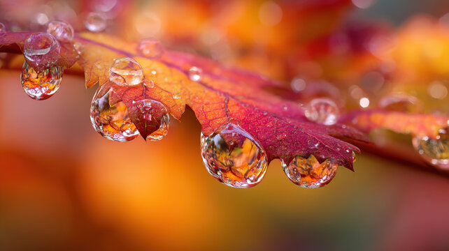Magenta Autumn Leaf With Clear Water Droplets Reflecting Orange Background Macro Nature Photography Showing Beautiful Fall Colors
