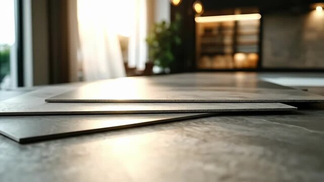 Modern kitchen countertop with light gray ceramic tiles in sunlit room