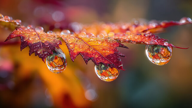 Crystal Water Droplets On Orange Autumn Leaf Edge Macro Nature Photography With Beautiful Bokeh Background Detail