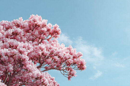 Lush pink blossoms adorn a tree against a serene blue sky, evoking springtime freshness and natural beauty. Perfect for designs needing a touch of elegance and hope.
