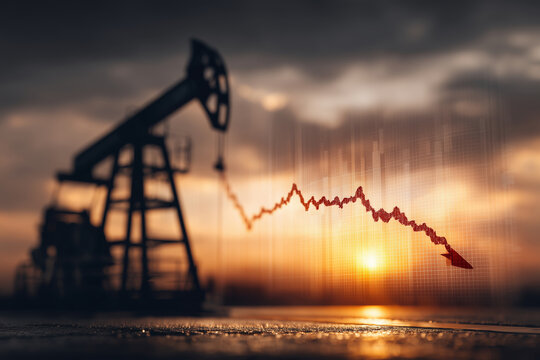 Sunset at oilfield with pump jack and falling price graph silhouette - Powered by Adobe