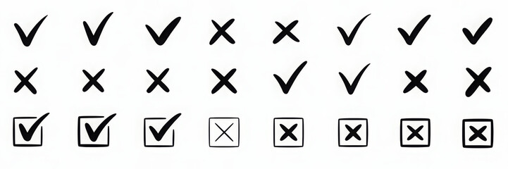 Check tick mark icon set. Cross box x check mark checkbox v list draw hand drawn sketch doodle brush marker checklist symbol wrong right circle. Illustration 