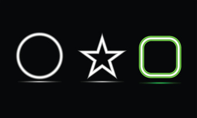 Abstract glowing neon geometric shapes: circle, star, rounded square.