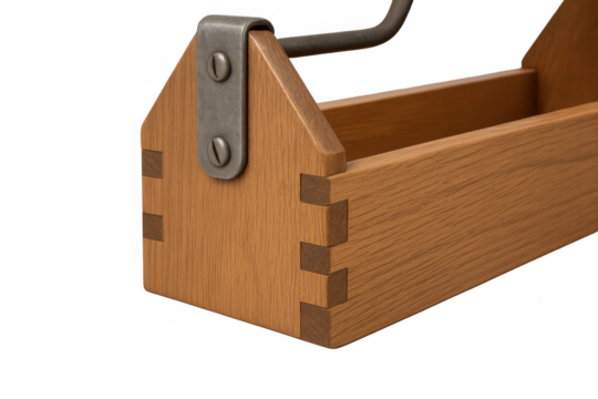 Wooden toolbox displaying craftsmanship with box joint construction and a metal handle, transparent background