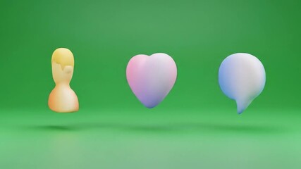 Colorful 3D social media icons user profile, heart, and chat bubble, symbolizing online interaction, digital connection, and engagement on a vibrant green background - Powered by Adobe
