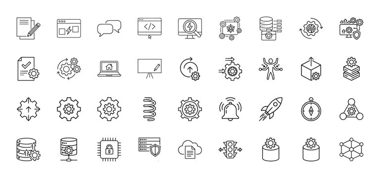 Technology and business process line icon set. Vector pictograms of development, data, settings, documents, cloud, security, and network, thin linear illustration.
