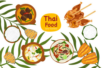A colorful illustration featuring essential Thai cuisine elements, red curry, coconut milk soup, spicy papaya salad, grilled skewers, and sticky rice.
