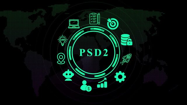 PS D2 Concept with World Map and Icons PSD2 payment services directive. Business, technology, modern technology concept.