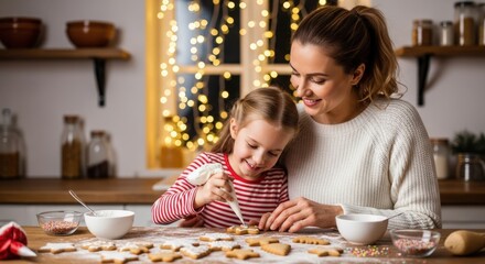 A young Caucasian woman and a young girl decorate Christmas cookies together in a cozy kitchen. Soft lights create a festive atmosphere.