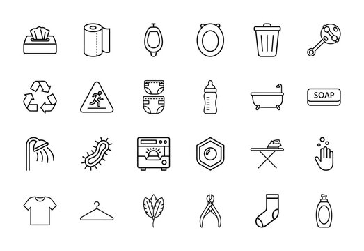 Personal hygiene and household line icon set. Vector pictograms of tissue, toilet paper, trash can, diapers, baby bottle, shower, iron, and washing machine, thin linear illustration.