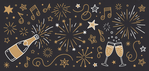 Firework new year set. Doodle firework sparkles for New Year celebration, golden burst and festive elements for birthday or party decor. Hand drawn style for a firework themed vector illustration