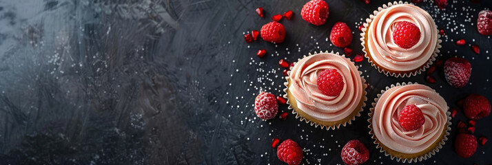 Three cupcakes with pink frosting and raspberries on a dark surface. Sprinkled powdered sugar surrounds the desserts, creating a festive appearance. copy space, free space for text