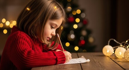 Fototapeta premium A young Caucasian girl with brown hair writes a letter at a wooden table. Christmas tree and lights are in the background, creating a festive atmosphere.