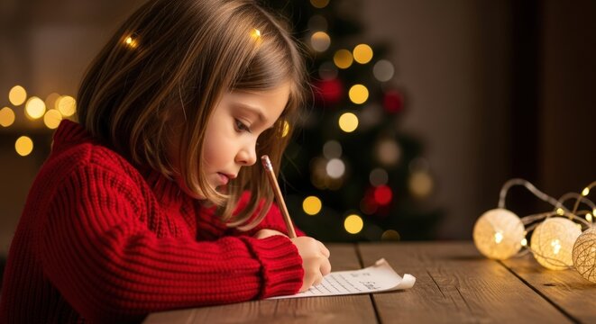 A young Caucasian girl with brown hair writes a letter at a wooden table. Christmas tree and lights are in the background, creating a festive atmosphere.