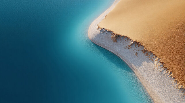 Serene aerial view of a turquoise sea meeting a sandy shore. Evokes tranquility and natural beauty. Perfect for travel, nature, or abstract concepts.