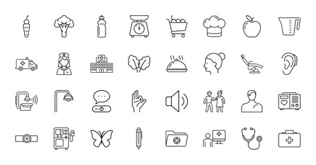 Healthcare and wellness line icon set. Vector pictograms of ambulance, nurse, hospital, stethoscope, apple, chef, scale, and first aid kit, thin linear illustration.