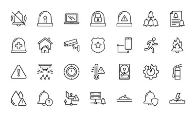 Security and safety line icon set. Vector pictograms of bells, sirens, surveillance cameras, padlocks, warning signs, fire extinguishers, and emergency alerts, thin linear illustration.