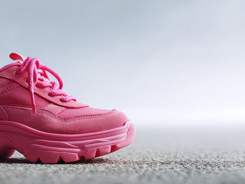 Closeup of a vibrant pink chunky sneaker against a neutral backdrop, symbolizing fashion, lifestyle, and athletic trends. Ideal for style blogs, ads, and social media.
