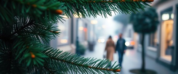 Couple walking through a misty street framed by evergreen branches in the evening light