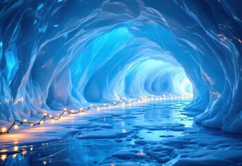 A glowing string of warm lights illuminates a surreal blue ice cave, highlighting smooth frozen textures and creating a magical winter tunnel 