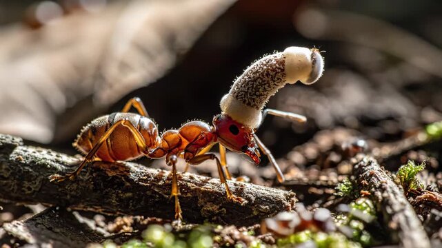 A red ant infected with Cordyceps fungus stands on a twig with a second ant visible in the background