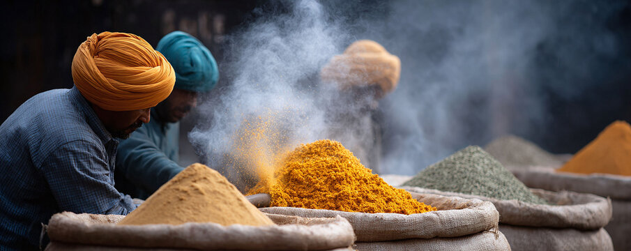 Vibrant spices showcased in burlap sacks, reflecting tradition, culture, and culinary richness. Perfect for illustrating food, travel, or global trade themes. - Powered by Adobe