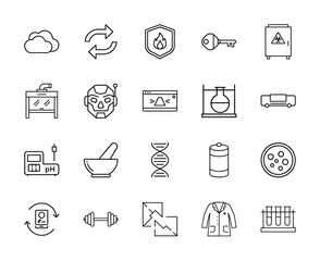 Fototapeta premium Science, technology, and security line icon set. Vector pictograms of cloud, robot, DNA, laboratory equipment, data synchronization, shield, thin linear illustration.