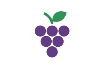 Purple grape cluster icon with green leaf, simple food design element representing fruit, wine, and healthy eating