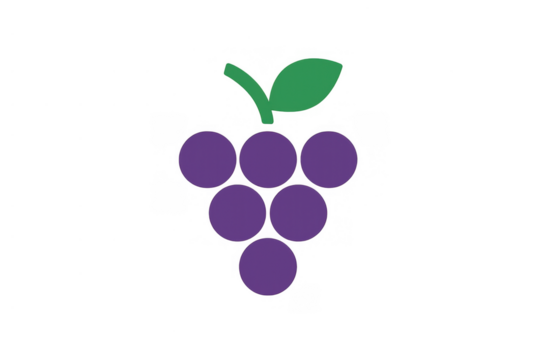 Purple grape cluster icon with green leaf, simple food design element representing fruit, wine, and healthy eating