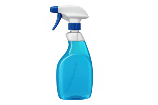 Blue spray bottle for household cleaning products, containing liquid cleaner for sanitizing and wiping surfaces, transparent background