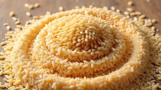 Golden spiral of uncooked orzo pasta arranged on a wooden surface, showcasing texture and form
