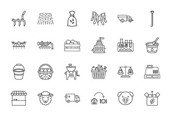 Fototapeta premium Agriculture and farming line icon set. Vector pictograms of cultivation tools, irrigation, harvested produce, market stalls, farm animals, and food processing, thin linear illustration.