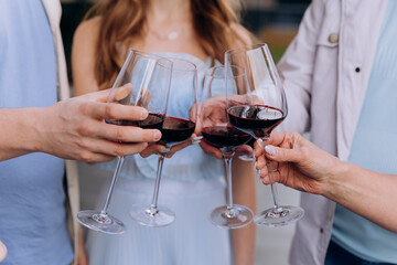 Friends toasting red wine at outdoor celebration, clinking glasses close up