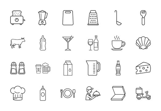 Food and kitchen line icon set. Vector pictograms of toaster, blender, grater, coffee cup, chef hat, wine, pizza box, delivery scooter, and baby bottle, thin linear illustration.