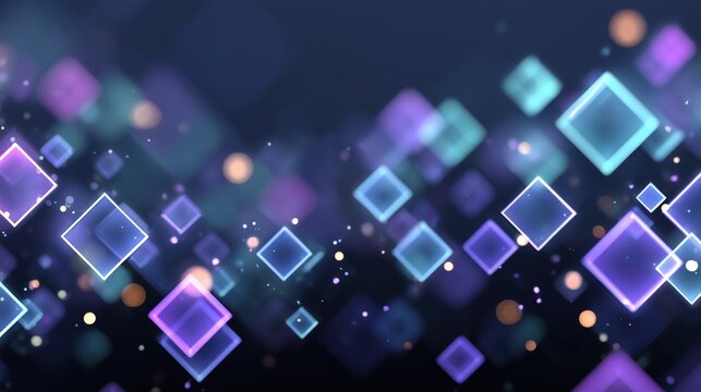 Neon glowing geometric diamond grid with purple blue light for futuristic technology branding visuals.