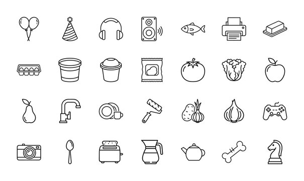 Miscellaneous household and daily items line icon set. Vector pictograms of kitchenware, entertainment, food, and party elements, thin linear illustration.